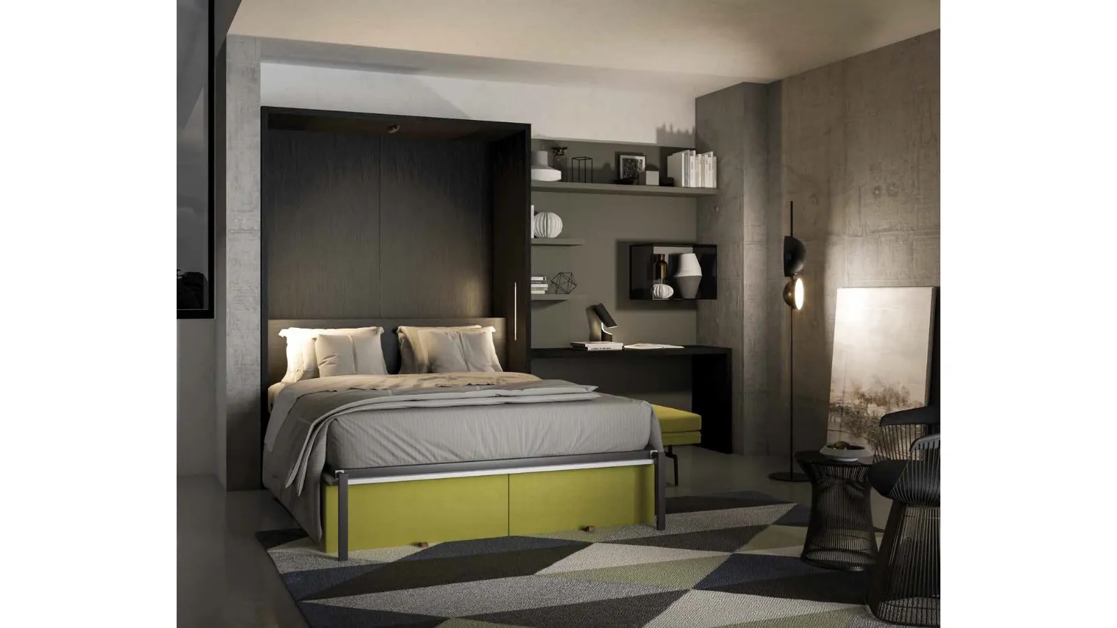 Letto a scomparsa aperto finitura Rovere carbone Block System Comp 250 di Tumidei