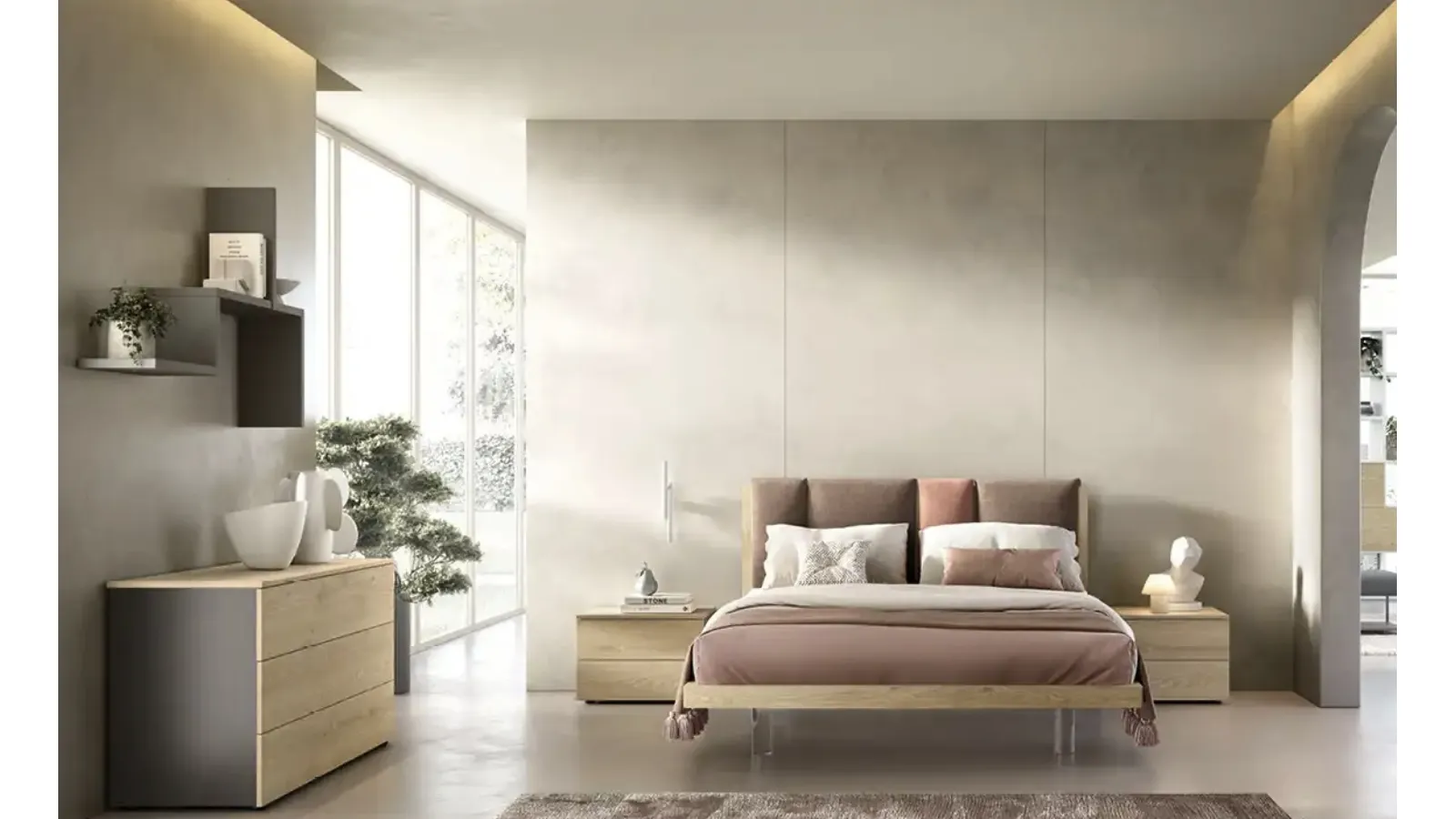 Letto Take I13 in rovere miele con testiera in tessuto imbottito di Moretti Compact Giorno Notte